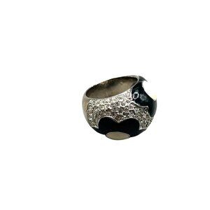 90s Ring Domed Rhinestones Pave with Enamel Flowers Size 7 Silver Tone Metal